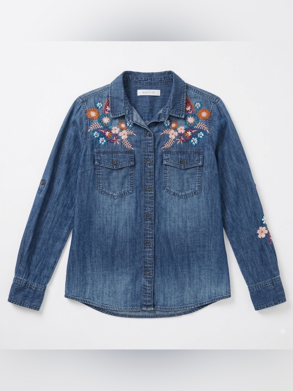 Billy T Floral Embroidered Denim Shirt Blue Chambray Button Down Boho Western